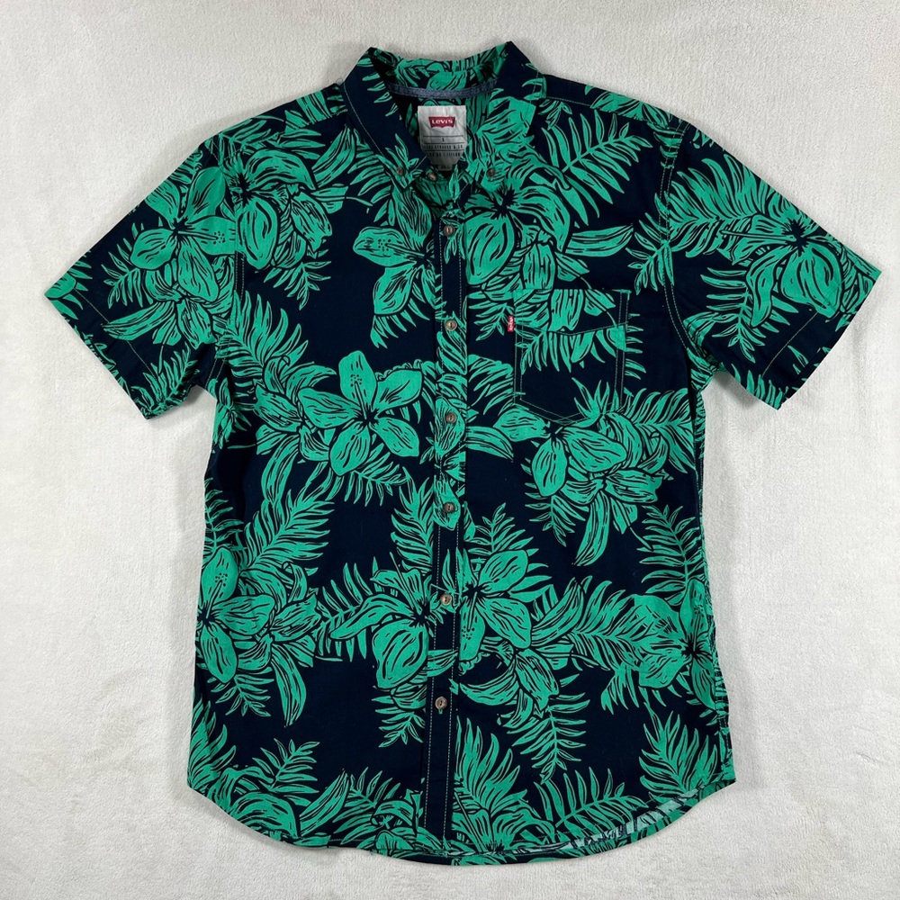 Levis Button Front Short Sleeved Shirt Hawaiian Palm Fern Print Green Black Sz S